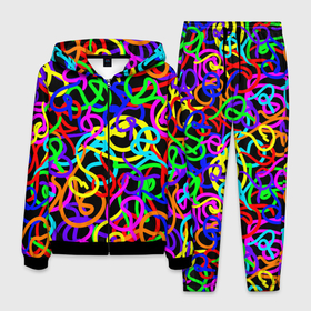 Мужской костюм 3D с принтом Неоновый беспорядок в Курске, 100% полиэстер | Манжеты и пояс оформлены тканевой резинкой, двухслойный капюшон со шнурком для регулировки, карманы спереди | gradient | neon | neon stripes | pop | rainbow | stripes | texture | абстрактный рисунок | абстракция | градиент | граффити | каракули | красочный узор | линии | неоновый принт | орнамент | полосы | поп | радужный
