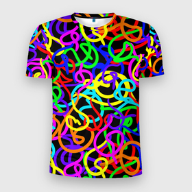 Мужская футболка 3D Slim с принтом Неоновый беспорядок в Курске, 100% полиэстер с улучшенными характеристиками | приталенный силуэт, круглая горловина, широкие плечи, сужается к линии бедра | Тематика изображения на принте: gradient | neon | neon stripes | pop | rainbow | stripes | texture | абстрактный рисунок | абстракция | градиент | граффити | каракули | красочный узор | линии | неоновый принт | орнамент | полосы | поп | радужный