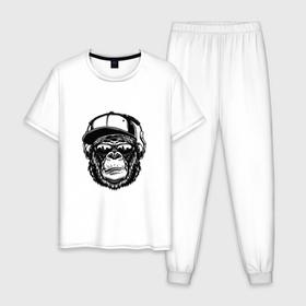 Мужская пижама хлопок с принтом Gorilla rapper в Екатеринбурге, 100% хлопок | брюки и футболка прямого кроя, без карманов, на брюках мягкая резинка на поясе и по низу штанин
 | Тематика изображения на принте: black | cap | hip hop | rap | горилла | кепка | очки | рэп | рэпер | хип хоп | черный