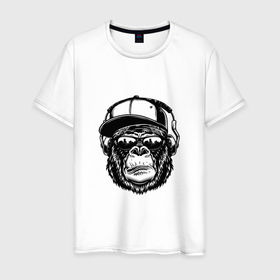 Мужская футболка хлопок с принтом Gorilla rapper в Кировске, 100% хлопок | прямой крой, круглый вырез горловины, длина до линии бедер, слегка спущенное плечо. | black | cap | hip hop | rap | горилла | кепка | очки | рэп | рэпер | хип хоп | черный