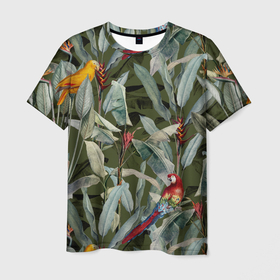 Мужская футболка 3D с принтом Попугаи и Цветы Зелёные Джунгли , 100% полиэфир | прямой крой, круглый вырез горловины, длина до линии бедер | flowers | jungles | parrots | summer | букет | джунгли | лето | попугаи | природа | растение | сад | садоводство | флора | цветы