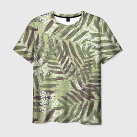 Мужская футболка 3D с принтом Зелёные и Белые Листья Джунглей , 100% полиэфир | прямой крой, круглый вырез горловины, длина до линии бедер | green | jungles | leaves | summer | white | белый | букет | джунгли | зелёный | лето | листья | природа | растение | флора