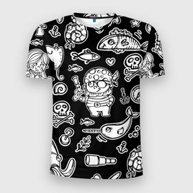 Мужская футболка 3D Slim с принтом Пират и его окружение   паттерн в Новосибирске, 100% полиэстер с улучшенными характеристиками | приталенный силуэт, круглая горловина, широкие плечи, сужается к линии бедра | anchor | bones | fish | heart | mermaid | pattern | pirate | pistol | ramp | shell | skull | squid | starfish | turtles | кальмар | компас | кости | морская звезда | паттерн | пират | пистолет | ракушка | русалка | рыба | сердце | скат | череп |
