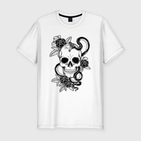 Мужская футболка хлопок Slim с принтом Чёрная мамба обвивает череп и розы в Белгороде, 92% хлопок, 8% лайкра | приталенный силуэт, круглый вырез ворота, длина до линии бедра, короткий рукав | abstraction | art | artwork | bones | colorful | colors | graphics | patterns | roses | skeleton | skull | snake | surrealism | sweethuman | sweethumen | абстракция | арт | графика | змея | искусство | кости | разноцветный | розы | скелет | сюрреализм | у
