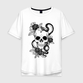 Мужская футболка хлопок Oversize с принтом Чёрная мамба обвивает череп и розы в Тюмени, 100% хлопок | свободный крой, круглый ворот, “спинка” длиннее передней части | abstraction | art | artwork | bones | colorful | colors | graphics | patterns | roses | skeleton | skull | snake | surrealism | sweethuman | sweethumen | абстракция | арт | графика | змея | искусство | кости | разноцветный | розы | скелет | сюрреализм | у