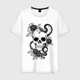 Мужская футболка хлопок с принтом Чёрная мамба обвивает череп и розы в Екатеринбурге, 100% хлопок | прямой крой, круглый вырез горловины, длина до линии бедер, слегка спущенное плечо. | abstraction | art | artwork | bones | colorful | colors | graphics | patterns | roses | skeleton | skull | snake | surrealism | sweethuman | sweethumen | абстракция | арт | графика | змея | искусство | кости | разноцветный | розы | скелет | сюрреализм | у