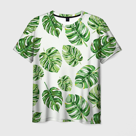 Мужская футболка 3D с принтом Листья Монстеры текстура в Екатеринбурге, 100% полиэфир | прямой крой, круглый вырез горловины, длина до линии бедер | ботаника | домашние цветы | листья | паттерн | цветы