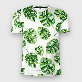 Мужская футболка 3D Slim с принтом Листья Монстеры текстура в Кировске, 100% полиэстер с улучшенными характеристиками | приталенный силуэт, круглая горловина, широкие плечи, сужается к линии бедра | ботаника | домашние цветы | листья | паттерн | цветы