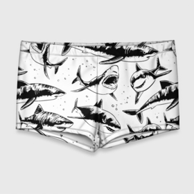 Мужские купальные плавки 3D с принтом Кровожадные акулы   стая в Санкт-Петербурге, Полиэстер 85%, Спандекс 15% |  | Тематика изображения на принте: fin | jaw | ocean | pack | pattern | shark | tail | teeth | акула | зубы | океан | пасть | паттерн | плавник | стая | хвост