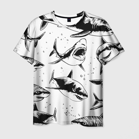 Мужская футболка 3D с принтом Кровожадные акулы   стая в Кировске, 100% полиэфир | прямой крой, круглый вырез горловины, длина до линии бедер | fin | jaw | ocean | pack | pattern | shark | tail | teeth | акула | зубы | океан | пасть | паттерн | плавник | стая | хвост