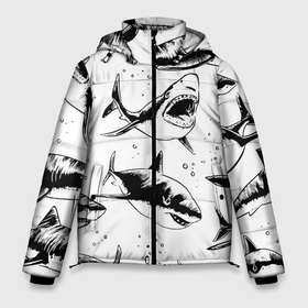 Мужская зимняя куртка 3D с принтом Кровожадные акулы   стая в Новосибирске, верх — 100% полиэстер; подкладка — 100% полиэстер; утеплитель — 100% полиэстер | длина ниже бедра, свободный силуэт Оверсайз. Есть воротник-стойка, отстегивающийся капюшон и ветрозащитная планка. 

Боковые карманы с листочкой на кнопках и внутренний карман на молнии. | fin | jaw | ocean | pack | pattern | shark | tail | teeth | акула | зубы | океан | пасть | паттерн | плавник | стая | хвост