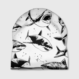 Шапка 3D с принтом Кровожадные акулы   стая в Кировске, 100% полиэстер | универсальный размер, печать по всей поверхности изделия | fin | jaw | ocean | pack | pattern | shark | tail | teeth | акула | зубы | океан | пасть | паттерн | плавник | стая | хвост