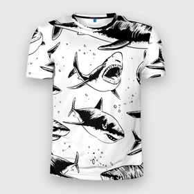 Мужская футболка 3D Slim с принтом Кровожадные акулы   стая в Санкт-Петербурге, 100% полиэстер с улучшенными характеристиками | приталенный силуэт, круглая горловина, широкие плечи, сужается к линии бедра | fin | jaw | ocean | pack | pattern | shark | tail | teeth | акула | зубы | океан | пасть | паттерн | плавник | стая | хвост