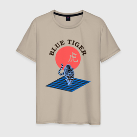Мужская футболка хлопок с принтом Голубой тигр в Новосибирске, 100% хлопок | прямой крой, круглый вырез горловины, длина до линии бедер, слегка спущенное плечо. | blue tiger | tiger | год тигра | знак зодиака | плед клетчатый | текст | тигр | япония