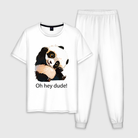 Мужская пижама хлопок с принтом О, привет, чувак Пандёныш в Тюмени, 100% хлопок | брюки и футболка прямого кроя, без карманов, на брюках мягкая резинка на поясе и по низу штанин
 | claws | eyes | greeting | muzzle | panda | paws | teddy bear | глаза | когти | лапы | медвежонок | панда | приветствие