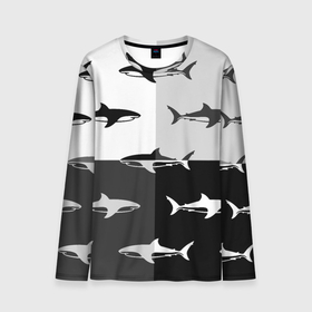 Мужской лонгслив 3D с принтом Стая акул   pattern в Санкт-Петербурге, 100% полиэстер | длинные рукава, круглый вырез горловины, полуприлегающий силуэт | fin | pack | pattern | shark | tail | акула | паттерн | плавник | стая | хвост