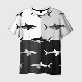 Мужская футболка 3D с принтом Стая акул   pattern в Санкт-Петербурге, 100% полиэфир | прямой крой, круглый вырез горловины, длина до линии бедер | fin | pack | pattern | shark | tail | акула | паттерн | плавник | стая | хвост