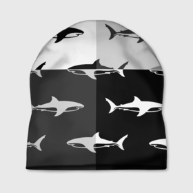 Шапка 3D с принтом Стая акул   pattern в Санкт-Петербурге, 100% полиэстер | универсальный размер, печать по всей поверхности изделия | fin | pack | pattern | shark | tail | акула | паттерн | плавник | стая | хвост