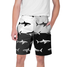Мужские шорты 3D с принтом Стая акул   pattern в Екатеринбурге,  полиэстер 100% | прямой крой, два кармана без застежек по бокам. Мягкая трикотажная резинка на поясе, внутри которой широкие завязки. Длина чуть выше колен | fin | pack | pattern | shark | tail | акула | паттерн | плавник | стая | хвост