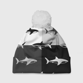 Шапка 3D c помпоном с принтом Стая акул   pattern в Тюмени, 100% полиэстер | универсальный размер, печать по всей поверхности изделия | Тематика изображения на принте: fin | pack | pattern | shark | tail | акула | паттерн | плавник | стая | хвост