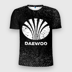 Мужская футболка 3D Slim с принтом Daewoo с потертостями на темном фоне , 100% полиэстер с улучшенными характеристиками | приталенный силуэт, круглая горловина, широкие плечи, сужается к линии бедра | 