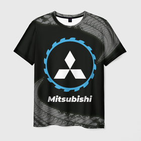Мужская футболка 3D с принтом Mitsubishi в стиле Top Gear со следами шин на фоне в Тюмени, 100% полиэфир | прямой крой, круглый вырез горловины, длина до линии бедер | 
