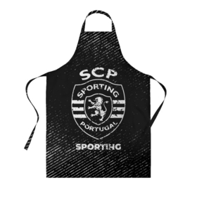 Фартук 3D с принтом Sporting с потертостями на темном фоне в городе Новоалтайск, 100% полиэстер | общий размер — 65 х 85 см, ширина нагрудника — 26 см, горловина — 53 см, длина завязок — 54 см, общий обхват в поясе — 173 см. Принт на завязках и на горловине наносится с двух сторон, на основной части фартука — только с внешней стороны | 