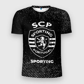 Мужская футболка 3D Slim с принтом Sporting с потертостями на темном фоне в городе Новоалтайск, 100% полиэстер с улучшенными характеристиками | приталенный силуэт, круглая горловина, широкие плечи, сужается к линии бедра | 