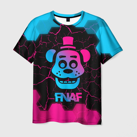 Мужская футболка 3D с принтом FNAF мишка   neon gradient в Петрозаводске, 100% полиэфир | прямой крой, круглый вырез горловины, длина до линии бедер | 