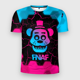 Мужская футболка 3D Slim с принтом FNAF мишка   neon gradient в Тюмени, 100% полиэстер с улучшенными характеристиками | приталенный силуэт, круглая горловина, широкие плечи, сужается к линии бедра | 