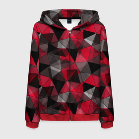 Мужская толстовка 3D на молнии с принтом Красно серый геометрический , 100% полиэстер | длина до линии бедра, манжеты и пояс оформлены мягкой тканевой резинкой, двухслойный капюшон со шнурком для регулировки, спереди молния, по бокам два кармана | abstract | black | geometric | gray | polygonal | red | red and black | red gray | triangles | абстрактный | геометрический | красно серый | красный | красный и черный | полигональный | серый | треугольники | черный