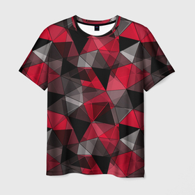 Мужская футболка 3D с принтом Красно серый геометрический , 100% полиэфир | прямой крой, круглый вырез горловины, длина до линии бедер | abstract | black | geometric | gray | polygonal | red | red and black | red gray | triangles | абстрактный | геометрический | красно серый | красный | красный и черный | полигональный | серый | треугольники | черный