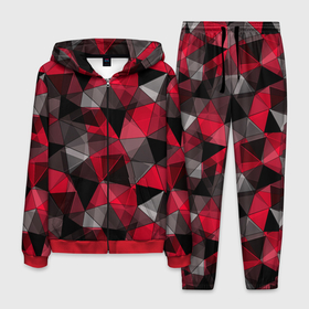 Мужской костюм 3D с принтом Красно серый геометрический в Новосибирске, 100% полиэстер | Манжеты и пояс оформлены тканевой резинкой, двухслойный капюшон со шнурком для регулировки, карманы спереди | Тематика изображения на принте: abstract | black | geometric | gray | polygonal | red | red and black | red gray | triangles | абстрактный | геометрический | красно серый | красный | красный и черный | полигональный | серый | треугольники | черный