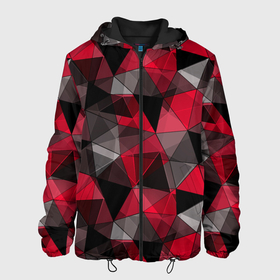 Мужская куртка 3D с принтом Красно серый геометрический в Санкт-Петербурге, ткань верха — 100% полиэстер, подклад — флис | прямой крой, подол и капюшон оформлены резинкой с фиксаторами, два кармана без застежек по бокам, один большой потайной карман на груди. Карман на груди застегивается на липучку | abstract | black | geometric | gray | polygonal | red | red and black | red gray | triangles | абстрактный | геометрический | красно серый | красный | красный и черный | полигональный | серый | треугольники | черный