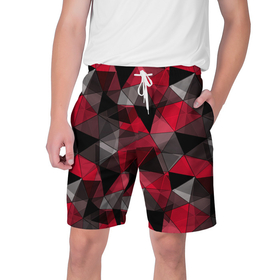 Мужские шорты 3D с принтом Красно серый геометрический в Новосибирске,  полиэстер 100% | прямой крой, два кармана без застежек по бокам. Мягкая трикотажная резинка на поясе, внутри которой широкие завязки. Длина чуть выше колен | abstract | black | geometric | gray | polygonal | red | red and black | red gray | triangles | абстрактный | геометрический | красно серый | красный | красный и черный | полигональный | серый | треугольники | черный