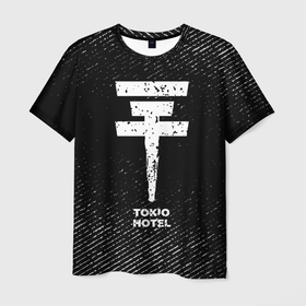 Мужская футболка 3D с принтом Tokio Hotel с потертостями на темном фоне в Екатеринбурге, 100% полиэфир | прямой крой, круглый вырез горловины, длина до линии бедер | Тематика изображения на принте: 