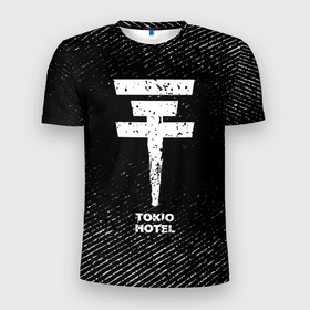 Мужская футболка 3D Slim с принтом Tokio Hotel с потертостями на темном фоне в Курске, 100% полиэстер с улучшенными характеристиками | приталенный силуэт, круглая горловина, широкие плечи, сужается к линии бедра | 