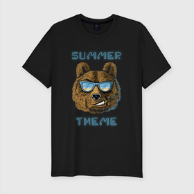 Мужская футболка хлопок Slim с принтом Beach bear   summer theme в Петрозаводске, 92% хлопок, 8% лайкра | приталенный силуэт, круглый вырез ворота, длина до линии бедра, короткий рукав | Тематика изображения на принте: лето | медведь | медведь в очках | море | пляж