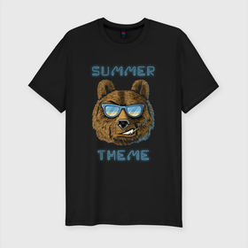 Мужская футболка хлопок Slim с принтом Beach bear   summer theme в Санкт-Петербурге, 92% хлопок, 8% лайкра | приталенный силуэт, круглый вырез ворота, длина до линии бедра, короткий рукав | лето | медведь | медведь в очках | море | пляж