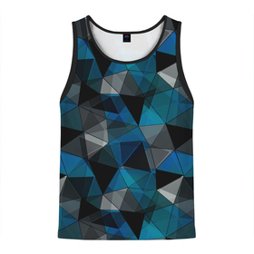 Мужская майка 3D с принтом Сине черный геометрический в Екатеринбурге, 100% полиэстер | круглая горловина, приталенный силуэт, длина до линии бедра. Пройма и горловина окантованы тонкой бейкой | abstract | black | blue and black | blue black | geometric | gray | polygonal | triangles | абстрактный | геометрический | полигональный | серый | сине черный | синий | синий и черный | треугольники | черный