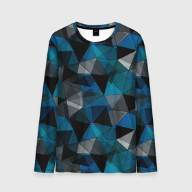 Мужской лонгслив 3D с принтом Сине черный геометрический в Белгороде, 100% полиэстер | длинные рукава, круглый вырез горловины, полуприлегающий силуэт | Тематика изображения на принте: abstract | black | blue and black | blue black | geometric | gray | polygonal | triangles | абстрактный | геометрический | полигональный | серый | сине черный | синий | синий и черный | треугольники | черный