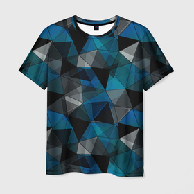 Мужская футболка 3D с принтом Сине черный геометрический в Белгороде, 100% полиэфир | прямой крой, круглый вырез горловины, длина до линии бедер | Тематика изображения на принте: abstract | black | blue and black | blue black | geometric | gray | polygonal | triangles | абстрактный | геометрический | полигональный | серый | сине черный | синий | синий и черный | треугольники | черный