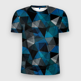 Мужская футболка 3D Slim с принтом Сине черный геометрический в Белгороде, 100% полиэстер с улучшенными характеристиками | приталенный силуэт, круглая горловина, широкие плечи, сужается к линии бедра | Тематика изображения на принте: abstract | black | blue and black | blue black | geometric | gray | polygonal | triangles | абстрактный | геометрический | полигональный | серый | сине черный | синий | синий и черный | треугольники | черный