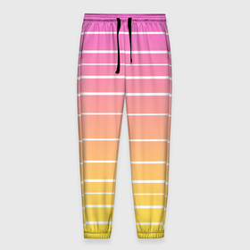 Мужские брюки 3D с принтом Белые полосы на розовом и желтом градиенте в Белгороде, 100% полиэстер | манжеты по низу, эластичный пояс регулируется шнурком, по бокам два кармана без застежек, внутренняя часть кармана из мелкой сетки | gradient | horizontal | lines | pink | pink and yellow | simple | striped | stripes | white | white stripes | yellow | белые полосы | белый | горизонталь | градиент | желтый | линии | полосатый | полосы | простой | розовый | розовый и  желтый