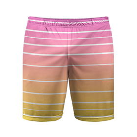 Мужские шорты спортивные с принтом Белые полосы на розовом и желтом градиенте ,  |  | gradient | horizontal | lines | pink | pink and yellow | simple | striped | stripes | white | white stripes | yellow | белые полосы | белый | горизонталь | градиент | желтый | линии | полосатый | полосы | простой | розовый | розовый и  желтый