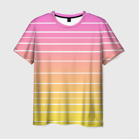 Мужская футболка 3D с принтом Белые полосы на розовом и желтом градиенте в Белгороде, 100% полиэфир | прямой крой, круглый вырез горловины, длина до линии бедер | gradient | horizontal | lines | pink | pink and yellow | simple | striped | stripes | white | white stripes | yellow | белые полосы | белый | горизонталь | градиент | желтый | линии | полосатый | полосы | простой | розовый | розовый и  желтый