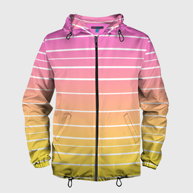 Мужская ветровка 3D с принтом Белые полосы на розовом и желтом градиенте в Новосибирске, 100% полиэстер | подол и капюшон оформлены резинкой с фиксаторами, два кармана без застежек по бокам, один потайной карман на груди | gradient | horizontal | lines | pink | pink and yellow | simple | striped | stripes | white | white stripes | yellow | белые полосы | белый | горизонталь | градиент | желтый | линии | полосатый | полосы | простой | розовый | розовый и  желтый