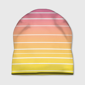 Шапка 3D с принтом Белые полосы на розовом и желтом градиенте в Белгороде, 100% полиэстер | универсальный размер, печать по всей поверхности изделия | gradient | horizontal | lines | pink | pink and yellow | simple | striped | stripes | white | white stripes | yellow | белые полосы | белый | горизонталь | градиент | желтый | линии | полосатый | полосы | простой | розовый | розовый и  желтый