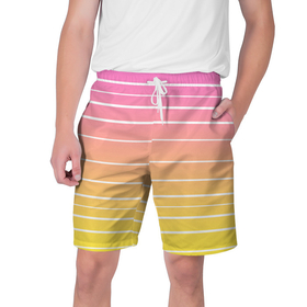 Мужские шорты 3D с принтом Белые полосы на розовом и желтом градиенте в Белгороде,  полиэстер 100% | прямой крой, два кармана без застежек по бокам. Мягкая трикотажная резинка на поясе, внутри которой широкие завязки. Длина чуть выше колен | gradient | horizontal | lines | pink | pink and yellow | simple | striped | stripes | white | white stripes | yellow | белые полосы | белый | горизонталь | градиент | желтый | линии | полосатый | полосы | простой | розовый | розовый и  желтый