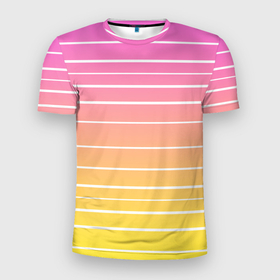 Мужская футболка 3D Slim с принтом Белые полосы на розовом и желтом градиенте в Екатеринбурге, 100% полиэстер с улучшенными характеристиками | приталенный силуэт, круглая горловина, широкие плечи, сужается к линии бедра | gradient | horizontal | lines | pink | pink and yellow | simple | striped | stripes | white | white stripes | yellow | белые полосы | белый | горизонталь | градиент | желтый | линии | полосатый | полосы | простой | розовый | розовый и  желтый